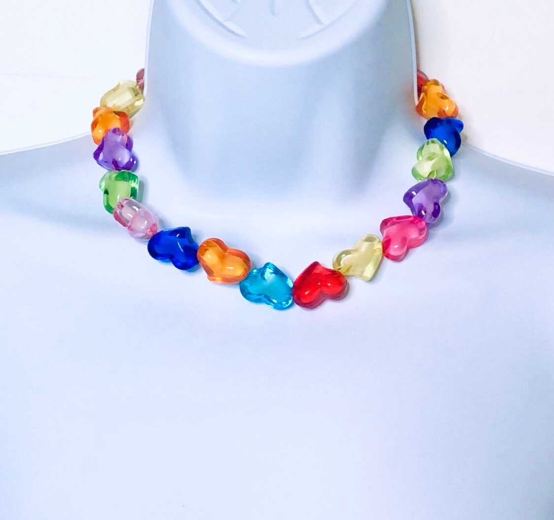 Rainbow Candy Hearts Choker Beaded Necklace, Kawaii Kidcore Aesthetic Lolita Love Bead Necklace Y2K Style Jewelry