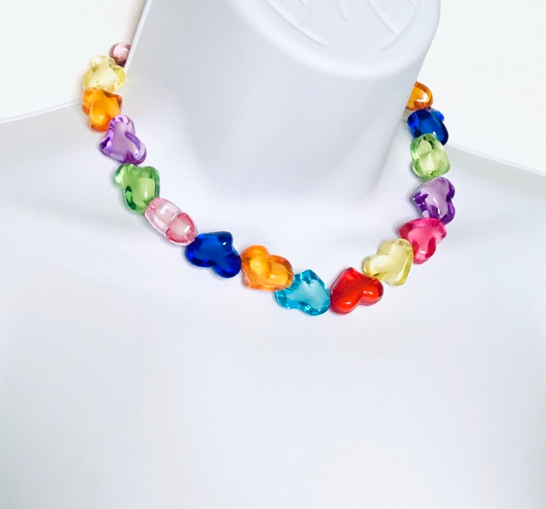 Rainbow Candy Hearts Choker Beaded Necklace, Kawaii Kidcore Aesthetic Lolita Love Bead Necklace Y2K Style Jewelry