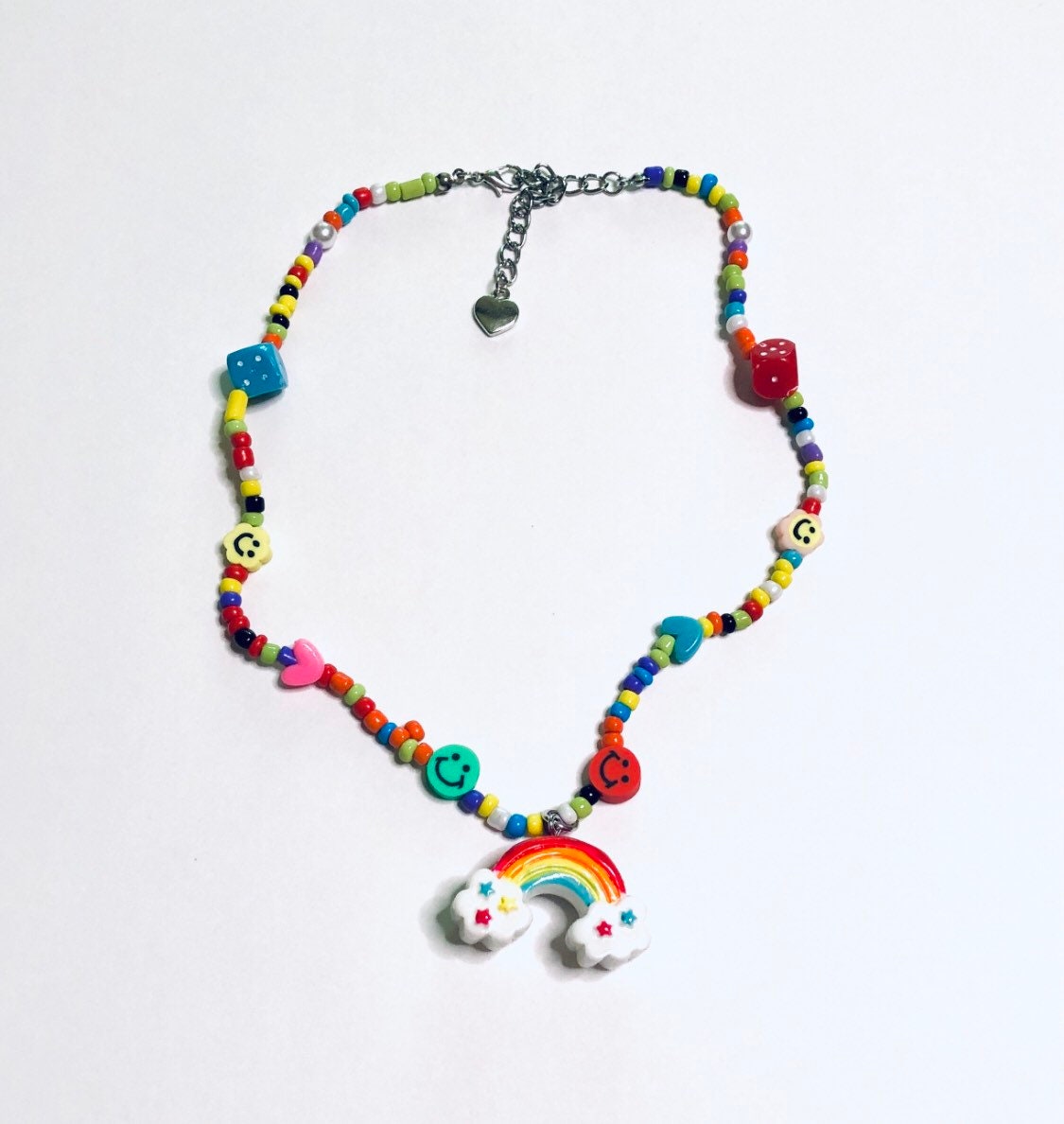 Beaded Rainbow Necklace, Colorful Smiley Face & Dice Charm Necklace, Kidcore Aesthetic Y2K Fashion, Gay Pride LGBTQ