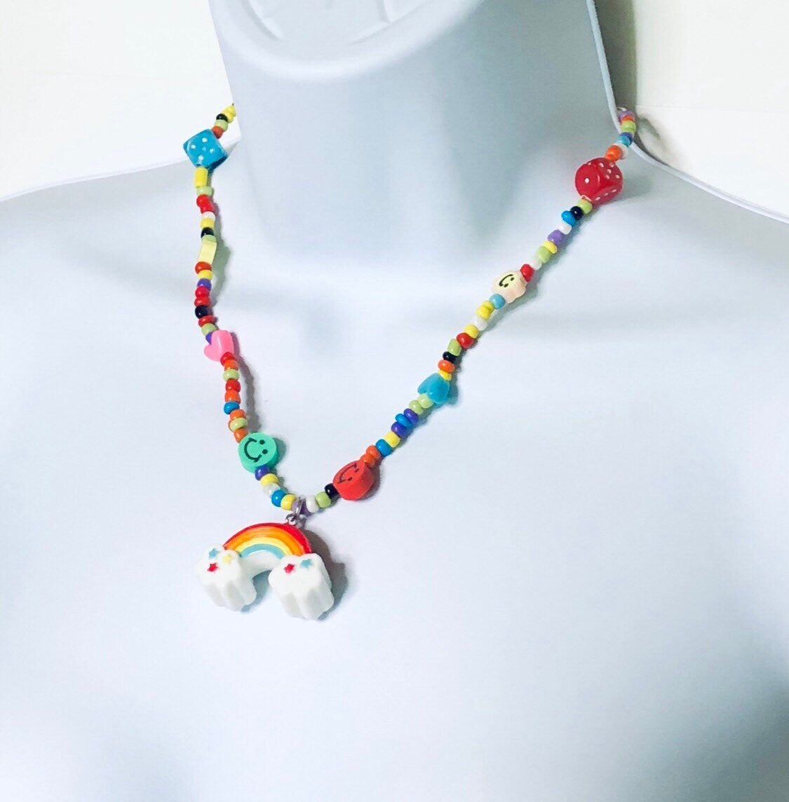 Beaded Rainbow Necklace, Colorful Smiley Face & Dice Charm Necklace, Kidcore Aesthetic Y2K Fashion, Gay Pride LGBTQ