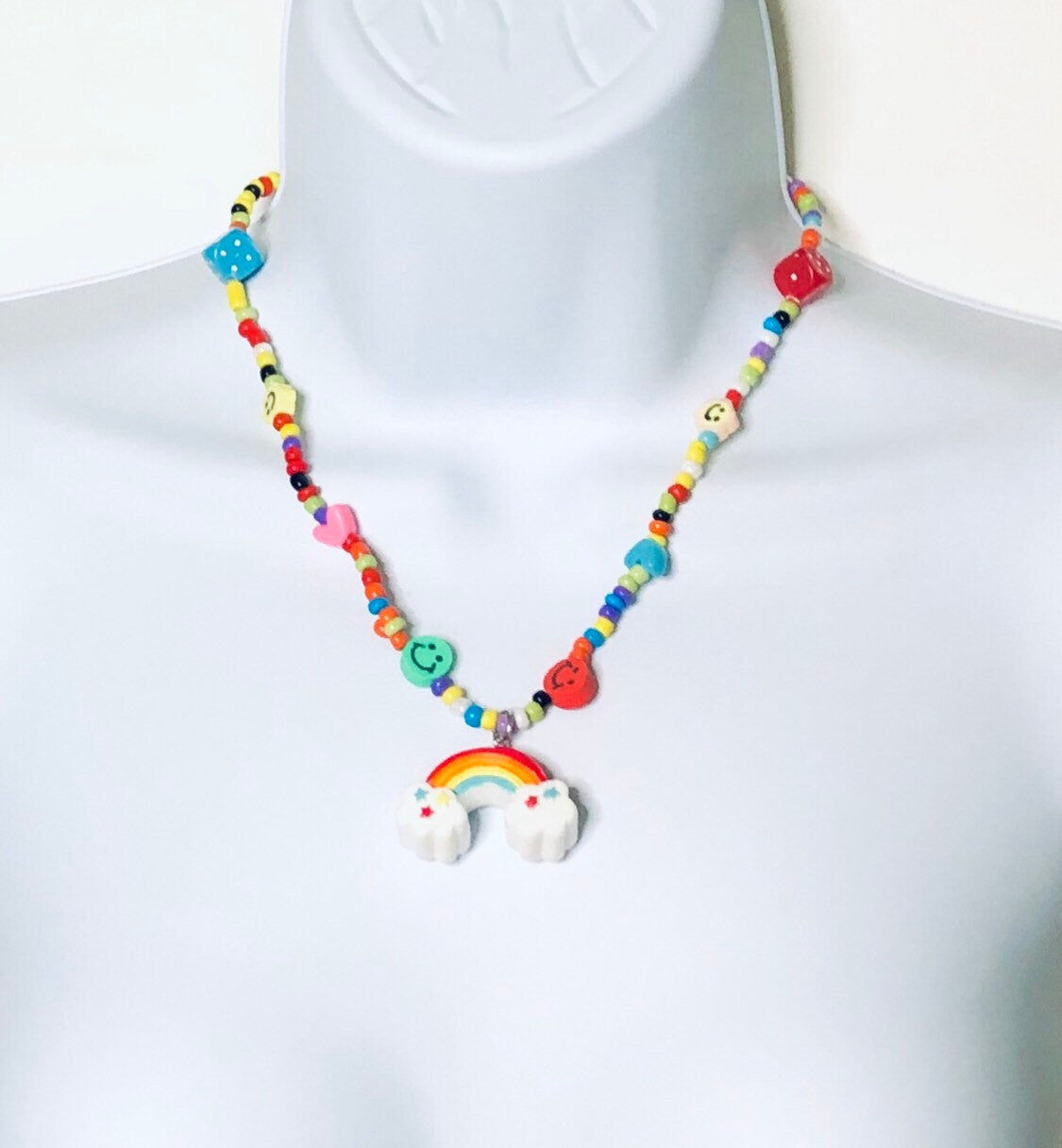 Beaded Rainbow Necklace, Colorful Smiley Face & Dice Charm Necklace, Kidcore Aesthetic Y2K Fashion, Gay Pride LGBTQ