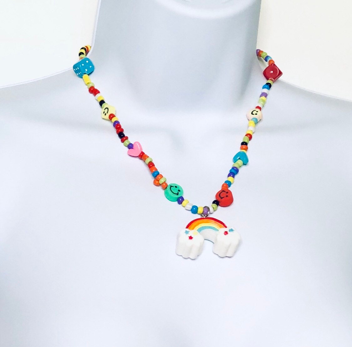 Beaded Rainbow Necklace, Colorful Smiley Face & Dice Charm Necklace, Kidcore Aesthetic Y2K Fashion, Gay Pride LGBTQ