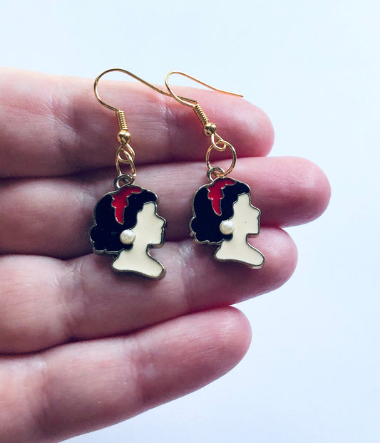 Snow White Earrings, Gold Lady Earrings Wearings Pear Earrings, Drop Dangle Fish Hooks Cottagecore Aesthetic Egirl Cute Enamel Charms