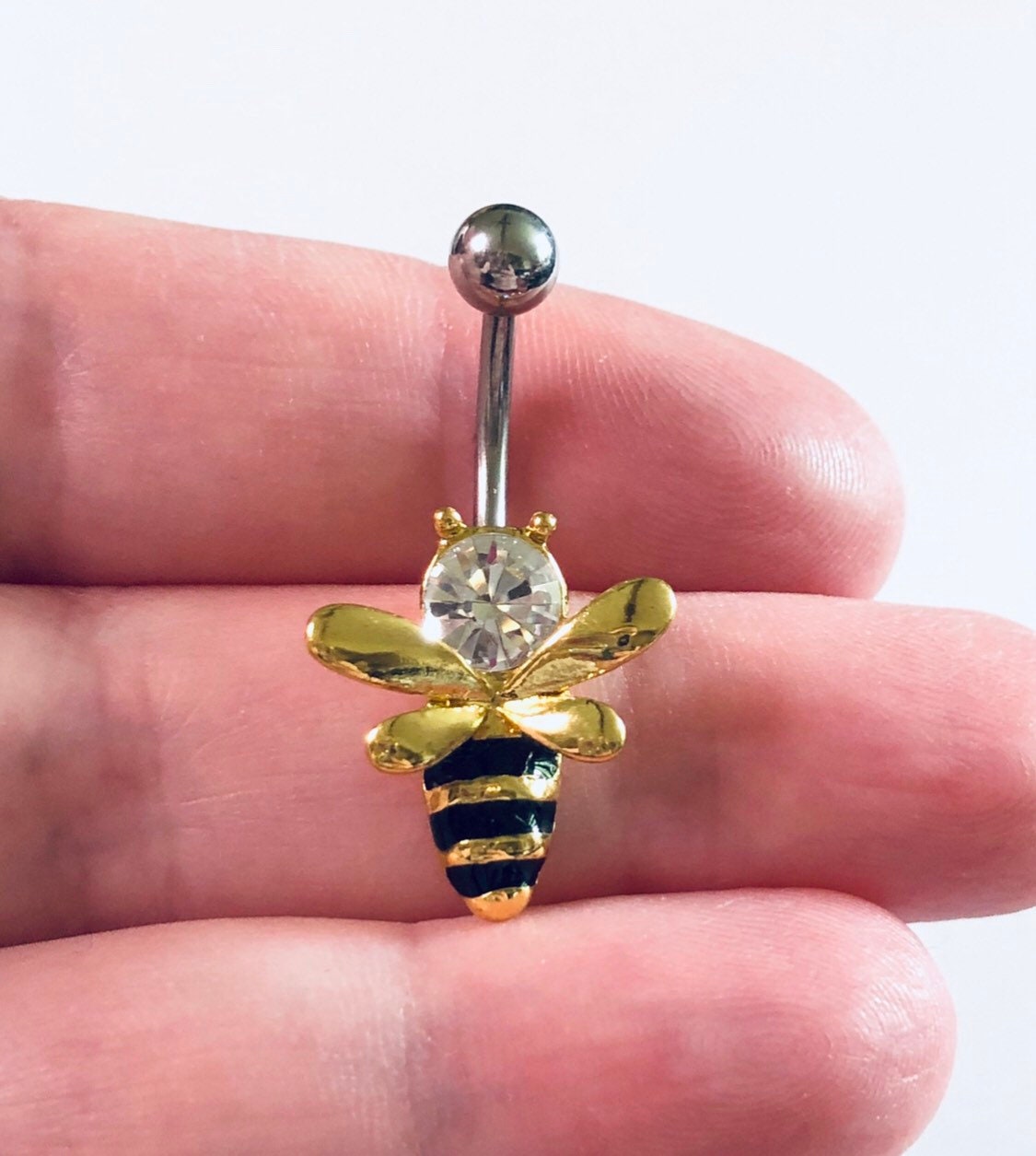 Bee Belly Button Ring Bumble Bee Navel Piercing, Black & Yellow with Clear Rhinestone, Spring Belly Ring, Stainless Steel Body Jewelry