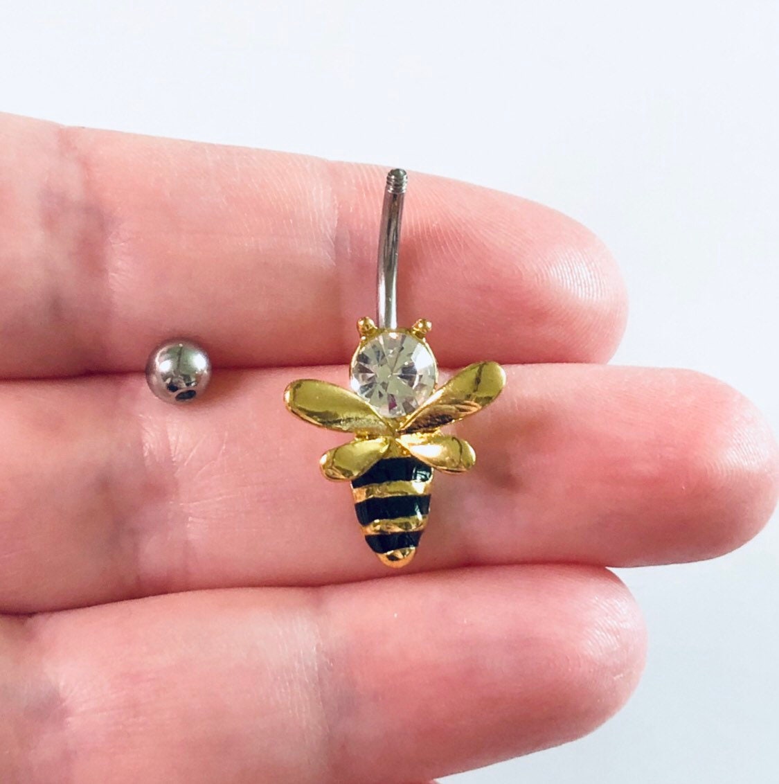 Bee Belly Button Ring Bumble Bee Navel Piercing, Black & Yellow with Clear Rhinestone, Spring Belly Ring, Stainless Steel Body Jewelry