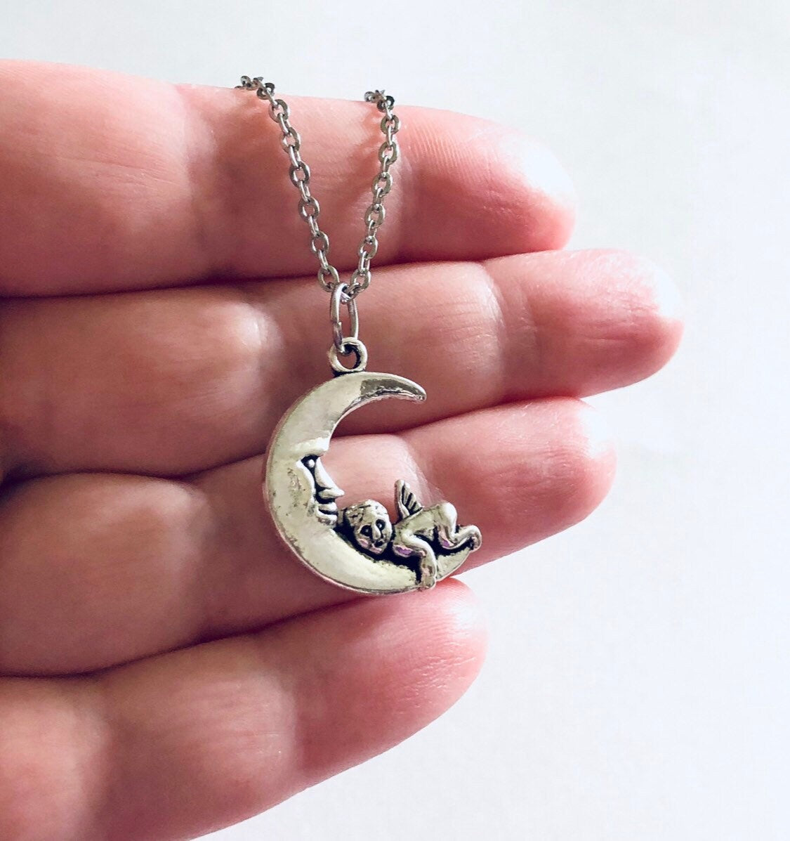 Silver Cherub Moon Necklace, Dainty Chain with Angel Charm on Crescent Moon Celestial Wicca Witchy Woman