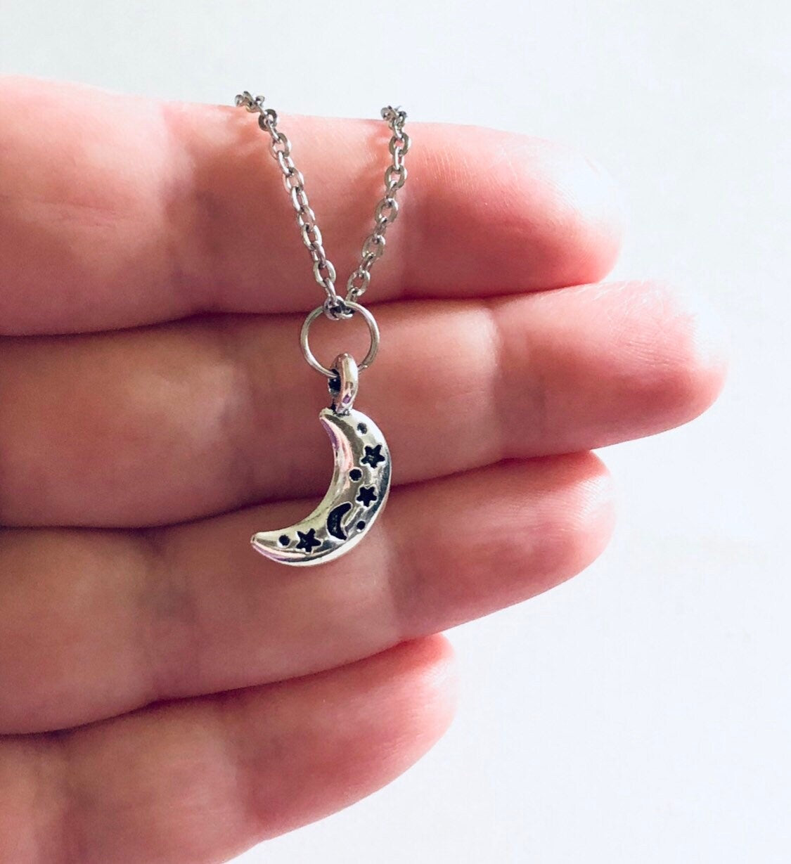 Celestial Moon Necklace, Silver Crescent Moon With Engraved Stars & Moons, Charm Necklace, Dainty Stainless Steel Chain Wicca Witch