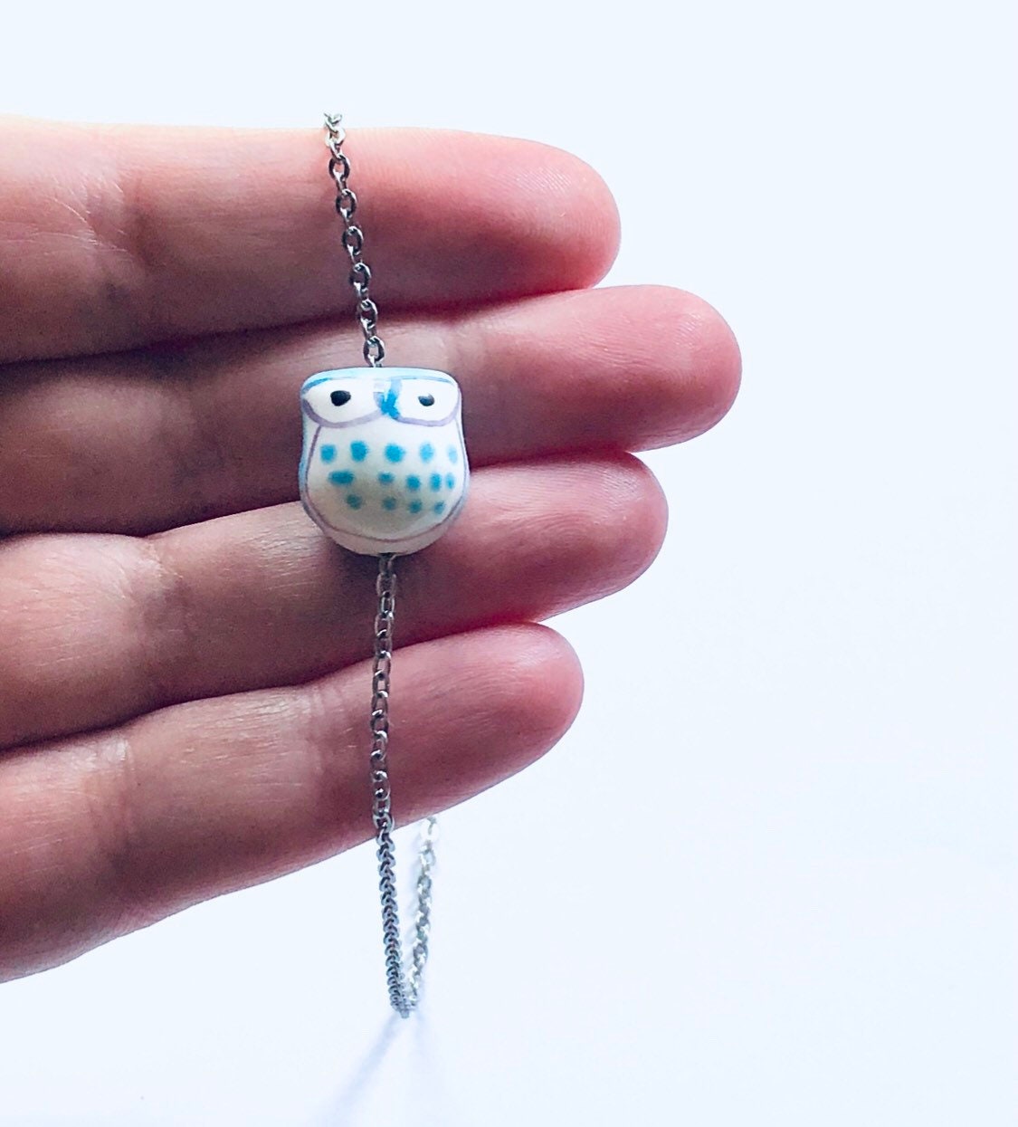 Owl Necklace, Blue & White Ceramic Bird Charm Necklace, Pottery Owls Silver Chain Birds