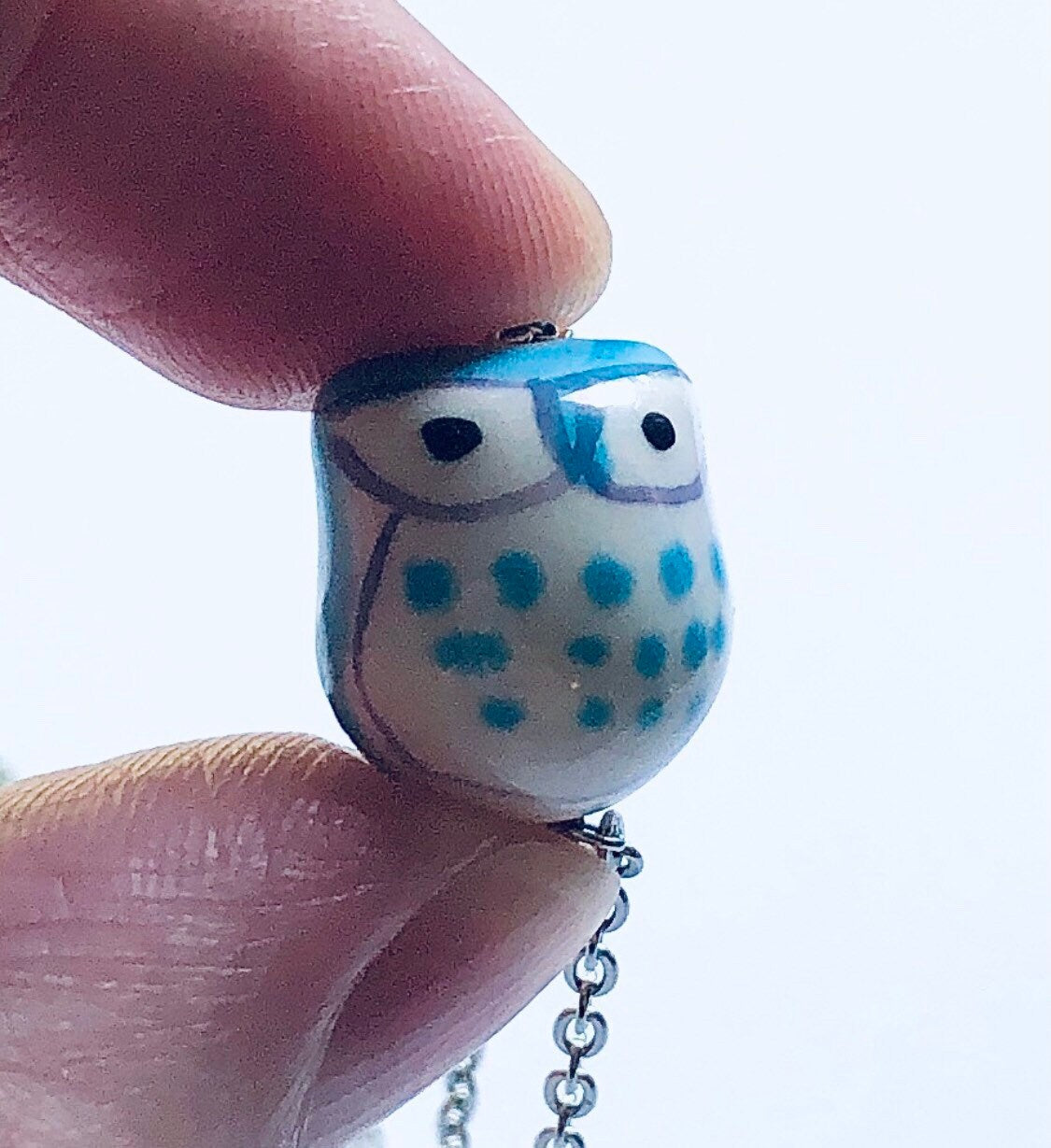 Owl Necklace, Blue & White Ceramic Bird Charm Necklace, Pottery Owls Silver Chain Birds