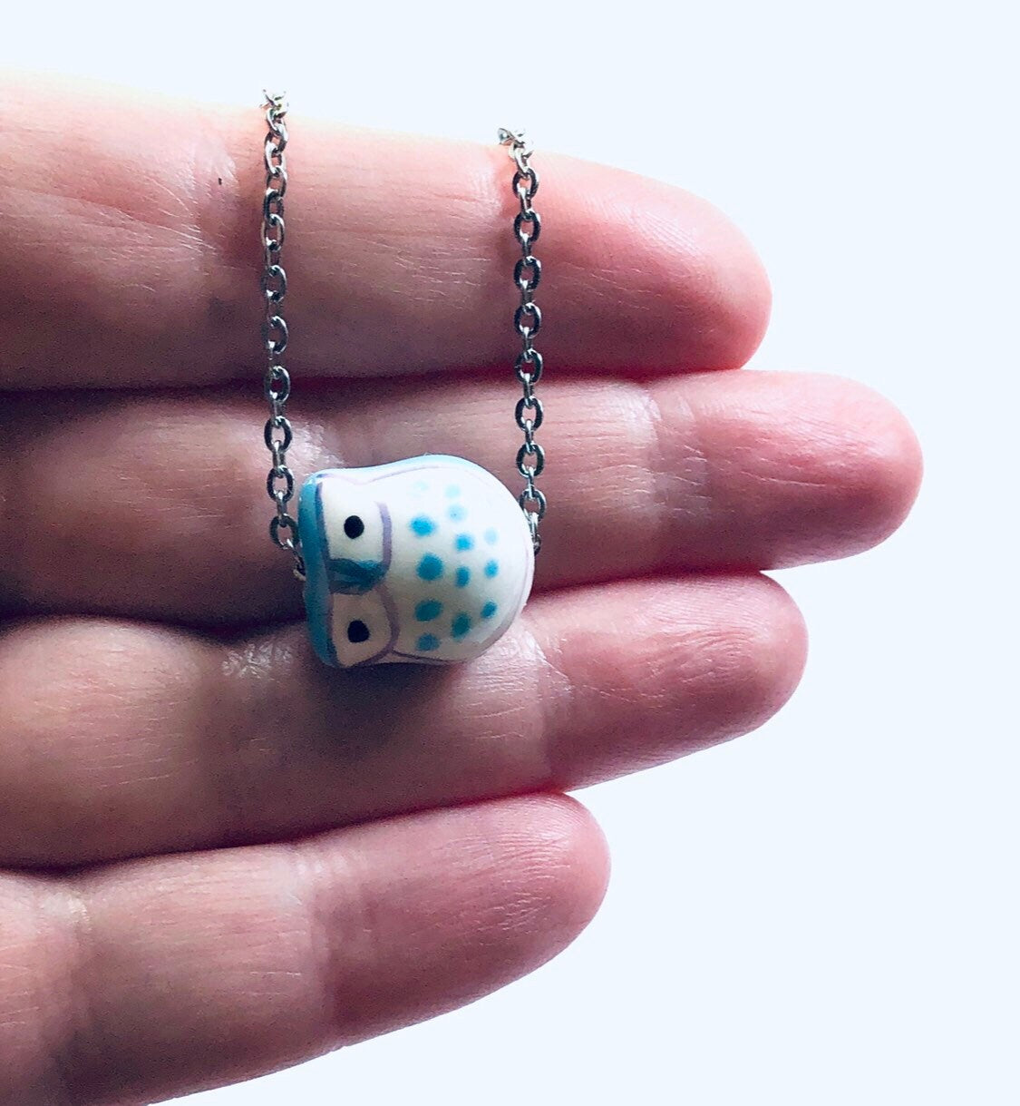 Owl Necklace, Blue & White Ceramic Bird Charm Necklace, Pottery Owls Silver Chain Birds