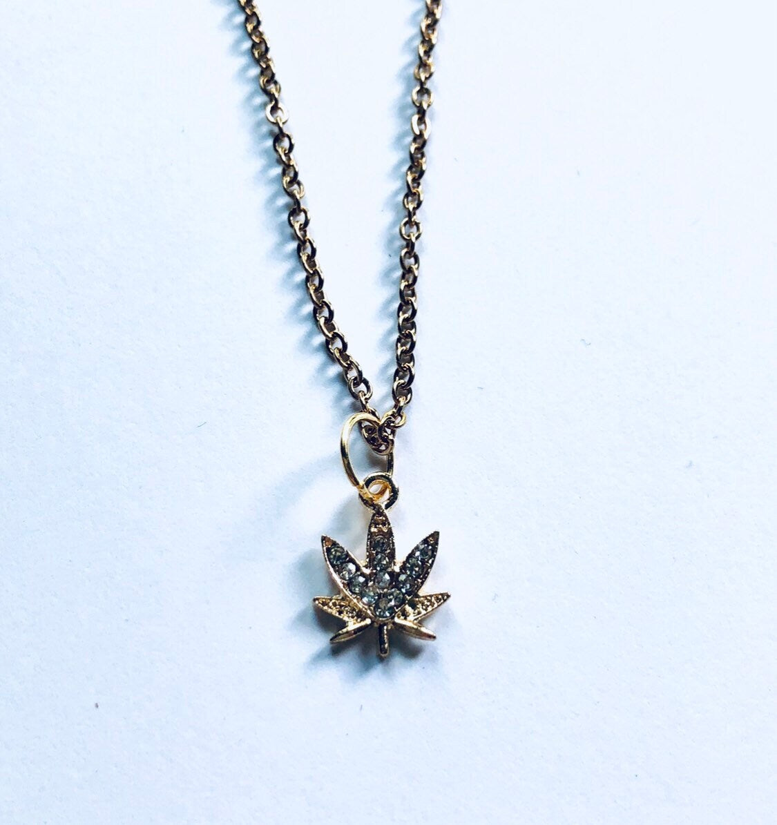 Gold Weed Necklace, Gold Plated Marijuana Necklace with Rhinestones, Canada Maple Leaf Necklace, Herbal Remedy Maple Leaf Nature Boho