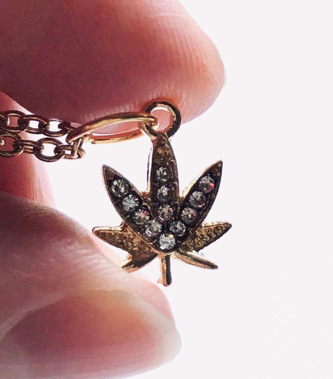 Gold Weed Necklace, Gold Plated Marijuana Necklace with Rhinestones, Canada Maple Leaf Necklace, Herbal Remedy Maple Leaf Nature Boho