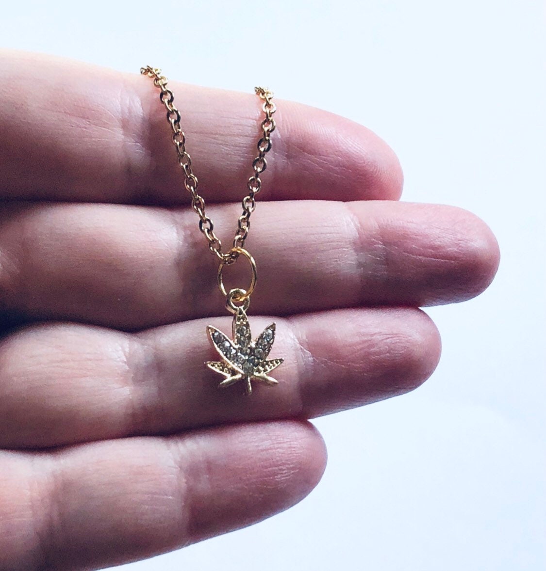 Gold Weed Necklace, Gold Plated Marijuana Necklace with Rhinestones, Canada Maple Leaf Necklace, Herbal Remedy Maple Leaf Nature Boho