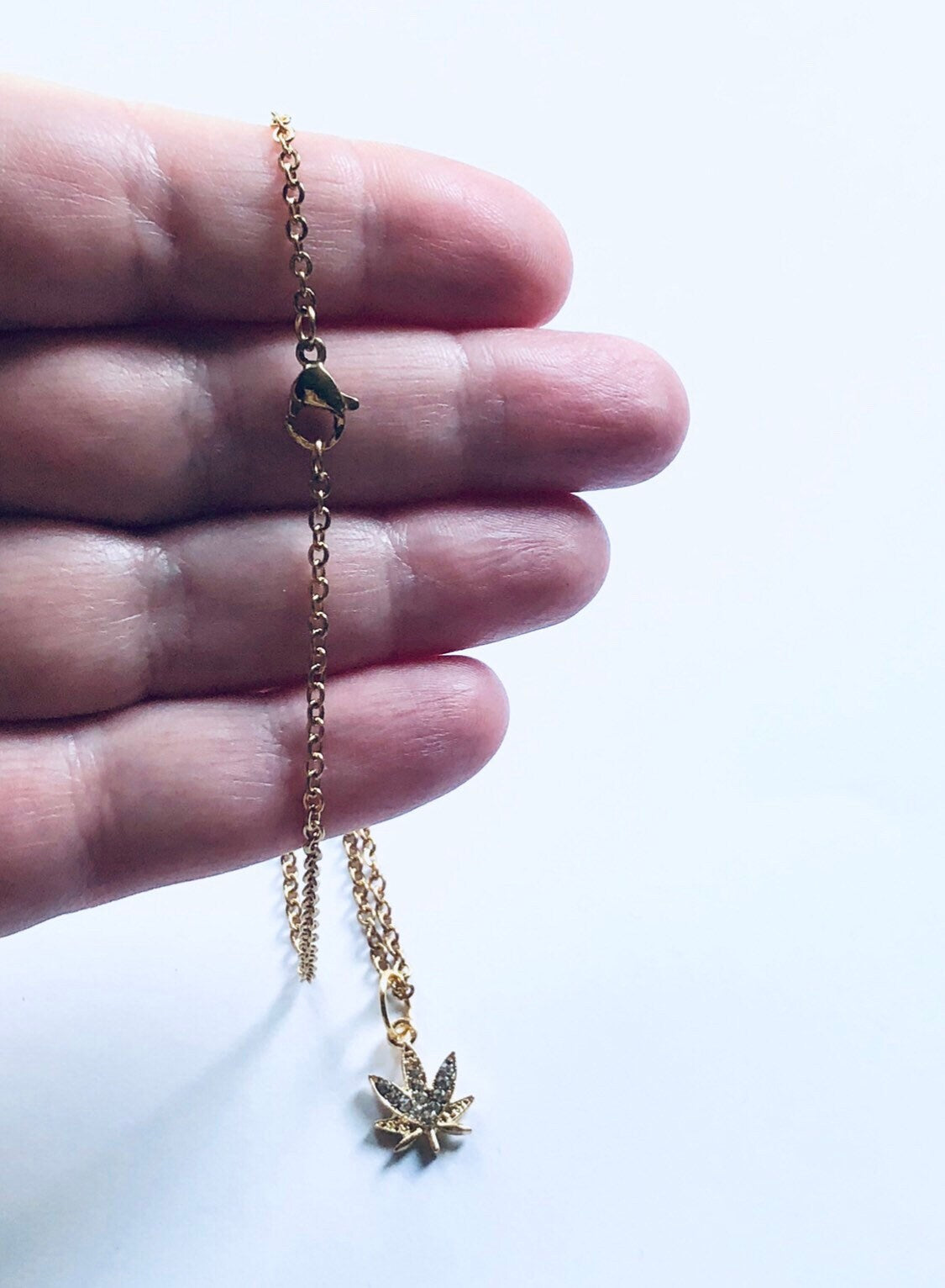 Gold Weed Necklace, Gold Plated Marijuana Necklace with Rhinestones, Canada Maple Leaf Necklace, Herbal Remedy Maple Leaf Nature Boho