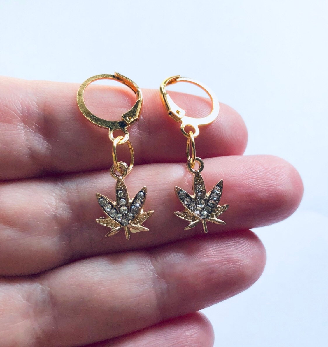 Marijuana Earrings, Gold Huggie Weed Earrings, Maple Leaf Earrings, Weed Gold Mini Hoops, Weed Huggies Herbal Leaf Hippie Boho Jewelry