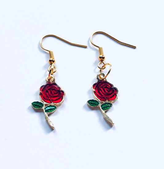 Red Rose Earrings, Drop Dangle Gold Red Rose Earrings, Fairytale Princess Flower Floral Cottage Core Chic Fairy Core Aesthetic