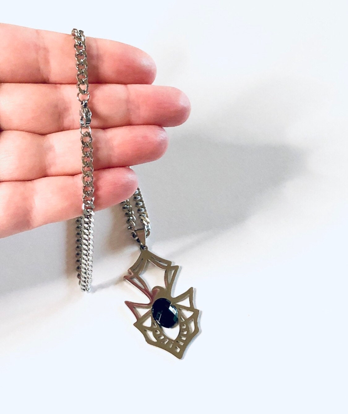 Silver Spider Necklace All Stainless Steel with Black Bead Bug Body, Creepy Crawly Halloween Mall Goth Aesthetic Gothic Girl