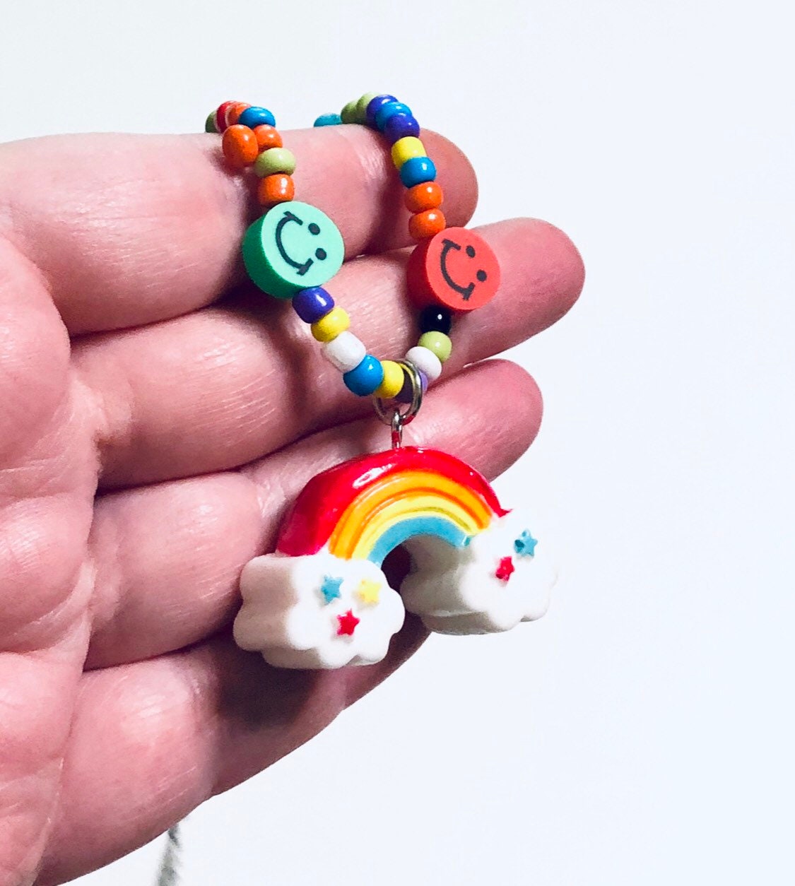 Beaded Rainbow Necklace, Colorful Smiley Face & Dice Charm Necklace, Kidcore Aesthetic Y2K Fashion, Gay Pride LGBTQ