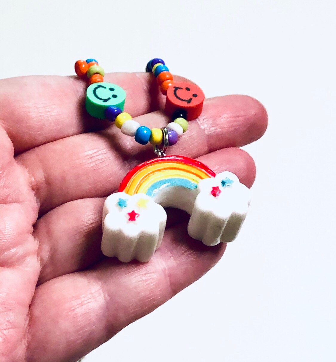 Beaded Rainbow Necklace, Colorful Smiley Face & Dice Charm Necklace, Kidcore Aesthetic Y2K Fashion, Gay Pride LGBTQ