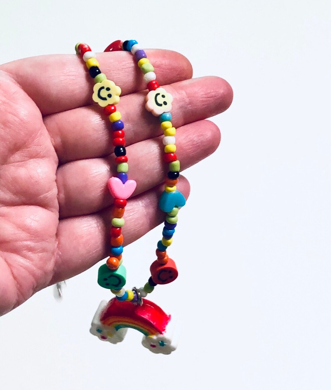 Beaded Rainbow Necklace, Colorful Smiley Face & Dice Charm Necklace, Kidcore Aesthetic Y2K Fashion, Gay Pride LGBTQ