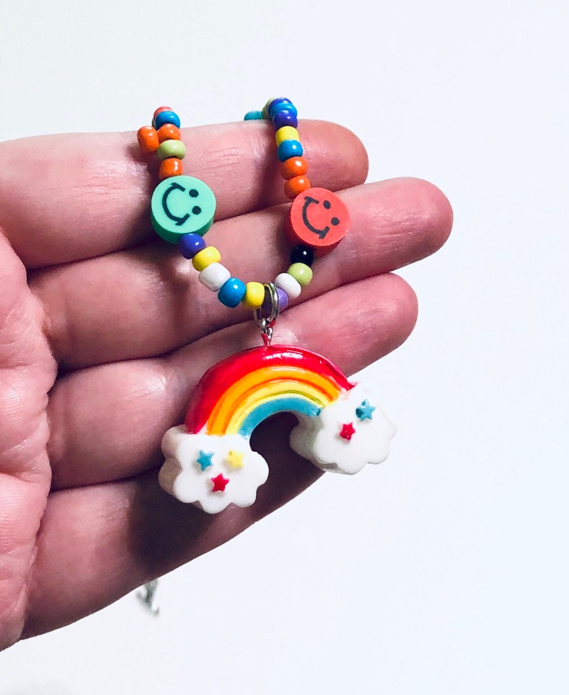 Beaded Rainbow Necklace, Colorful Smiley Face & Dice Charm Necklace, Kidcore Aesthetic Y2K Fashion, Gay Pride LGBTQ