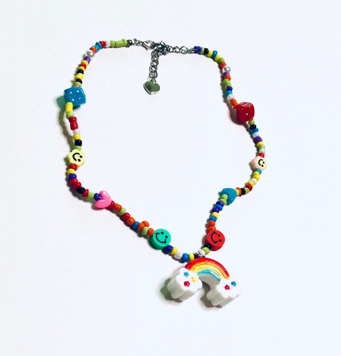 Beaded Rainbow Necklace, Colorful Smiley Face & Dice Charm Necklace, Kidcore Aesthetic Y2K Fashion, Gay Pride LGBTQ