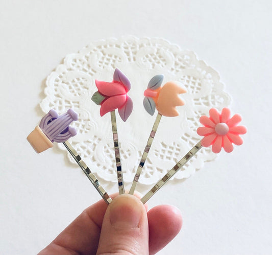 SET OF 4 Kawaii Pastel Cactus & Plants Hair Clips, Flower Bobby Pins, Lolita Hair Barrettes, Cute Pink Hair Accessories