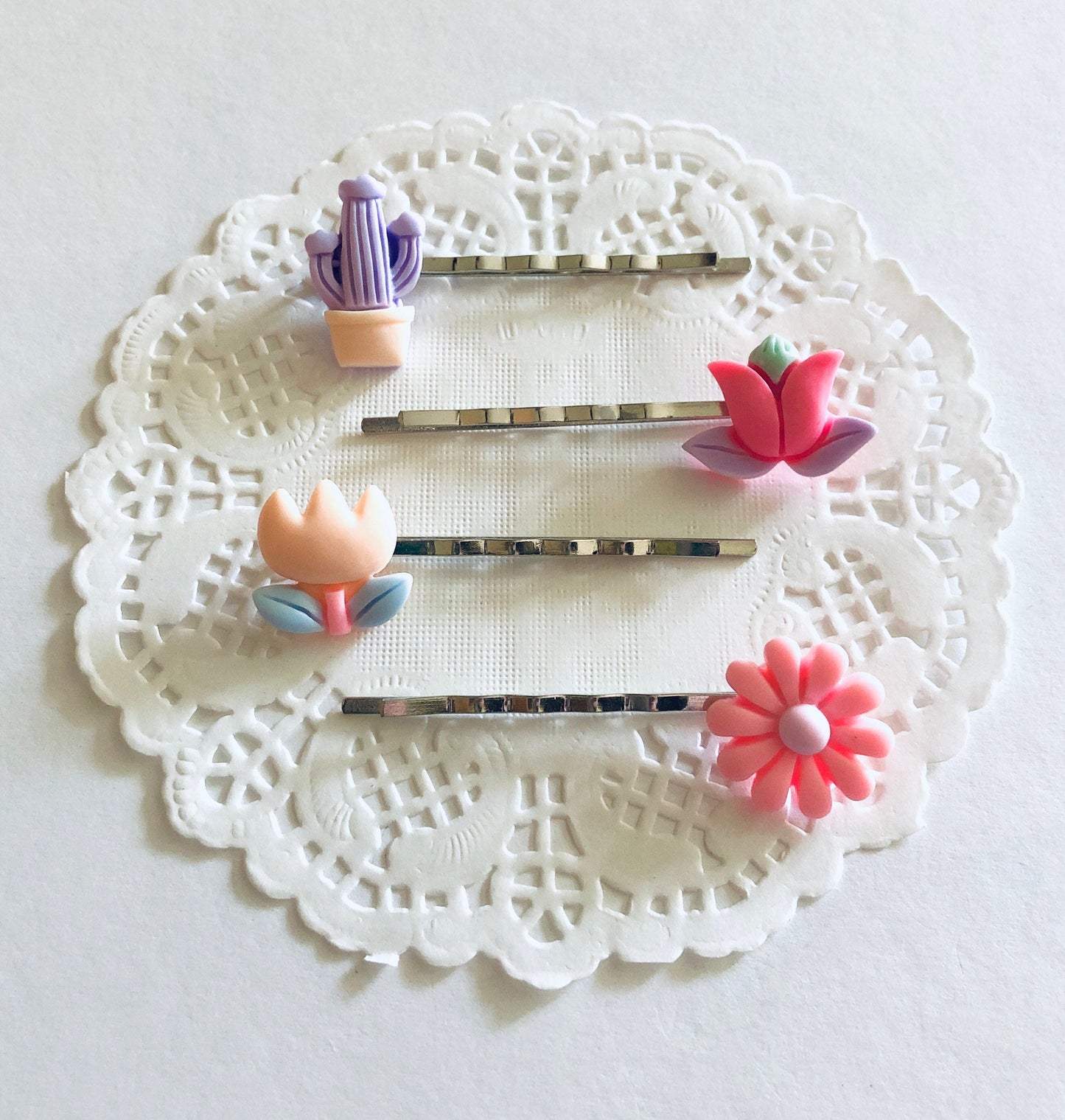 SET OF 4 Kawaii Pastel Cactus & Plants Hair Clips, Flower Bobby Pins, Lolita Hair Barrettes, Cute Pink Hair Accessories