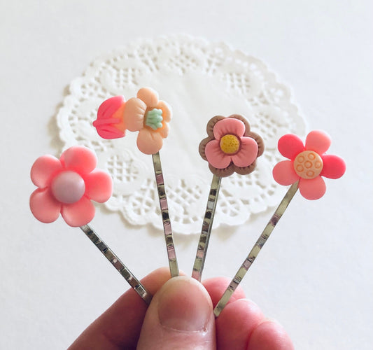 Pastel Pink Flower Bobby Pins Set of 4, Flower Hair Clips, Pretty Feminine Hair Accessories Barrettes Little Girls Toddler & Women