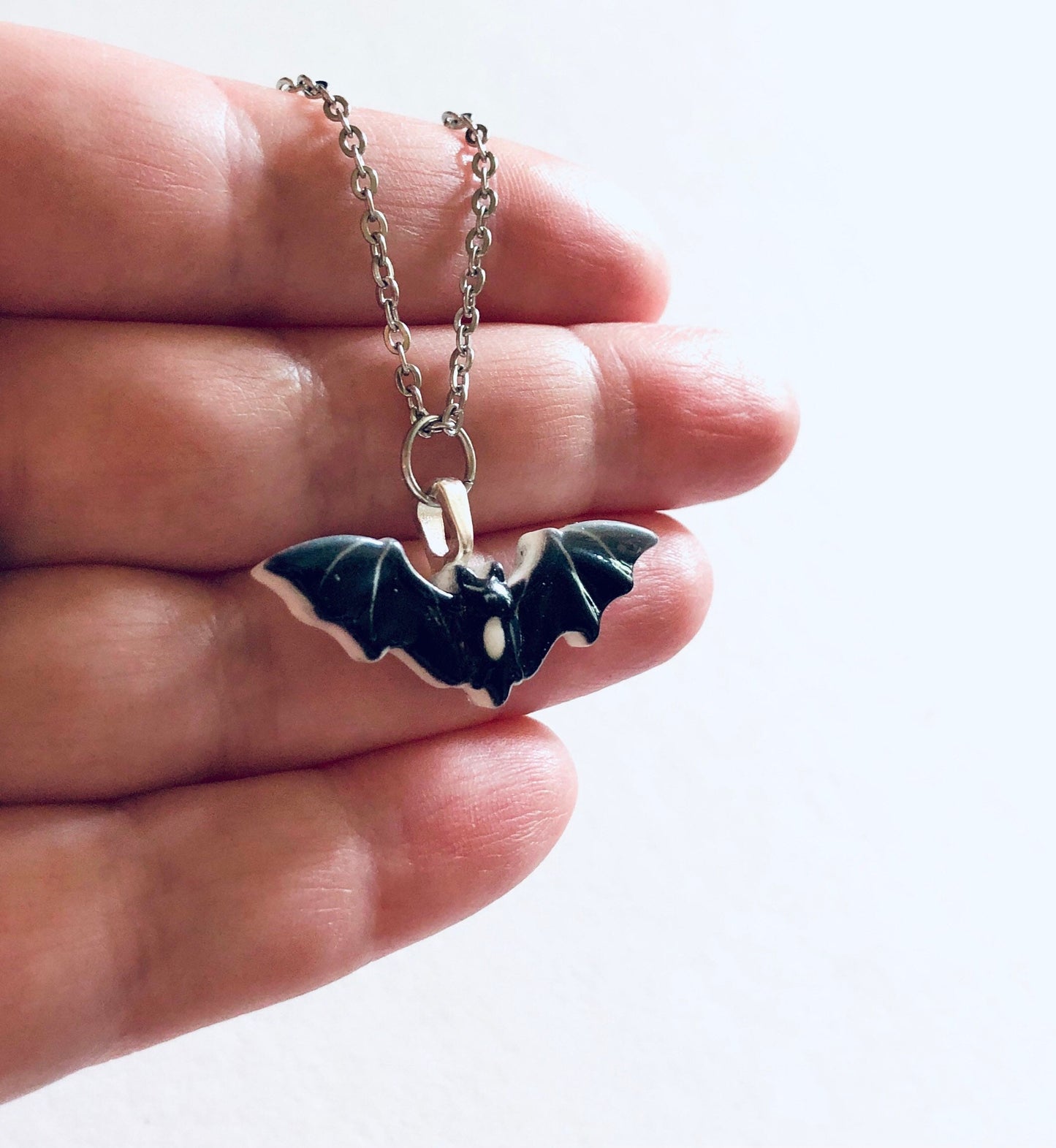 Spooky Black Bat Necklace, Halloween Necklace Resin Charm Stainless Steel Chain, Spooky Cute Bats Goth Witch