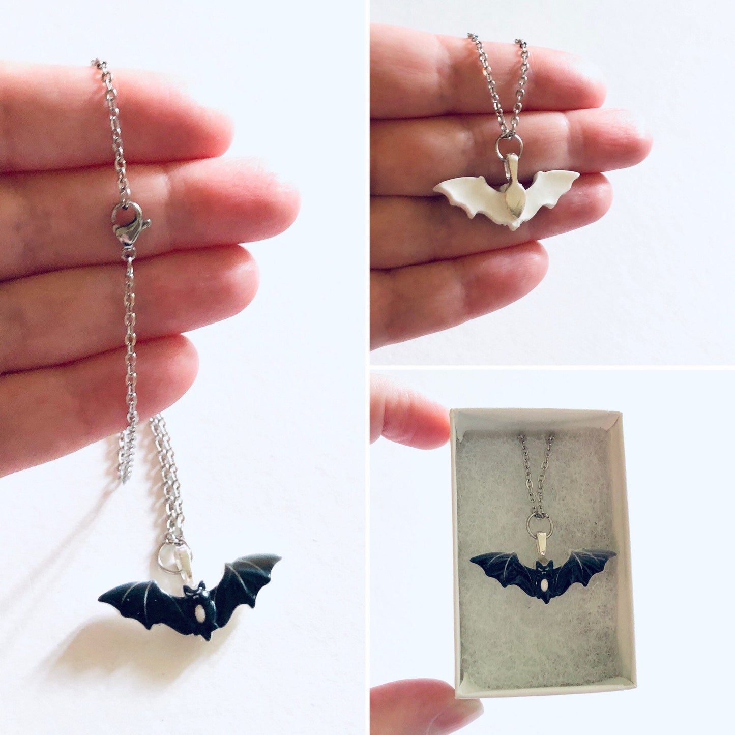 Spooky Black Bat Necklace, Halloween Necklace Resin Charm Stainless Steel Chain, Spooky Cute Bats Goth Witch