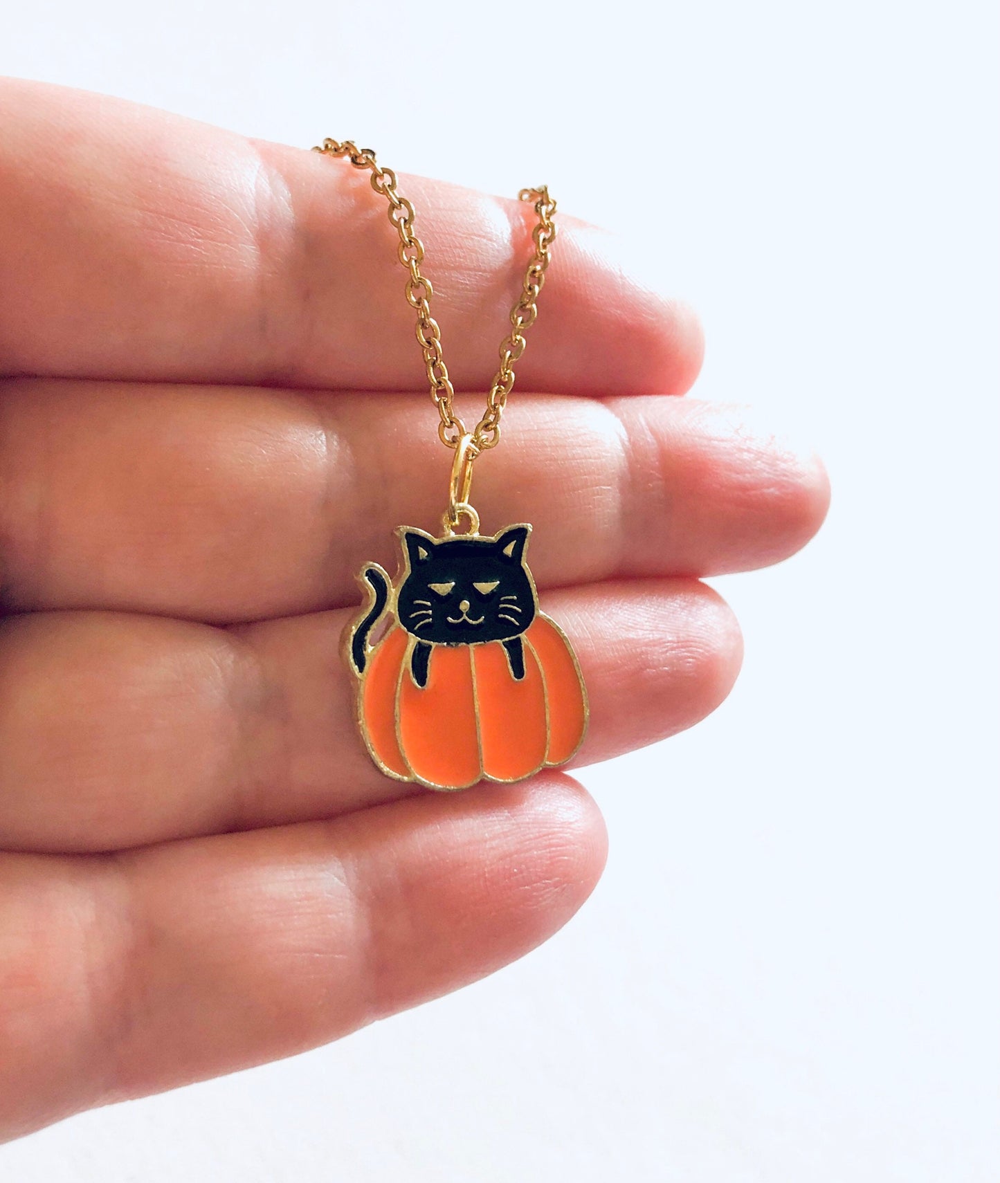 Black Cat on Pumpkin Gold Necklace, Cat Necklace, Pumpkin Necklace, Gold Halloween Necklace, Witchy Woman