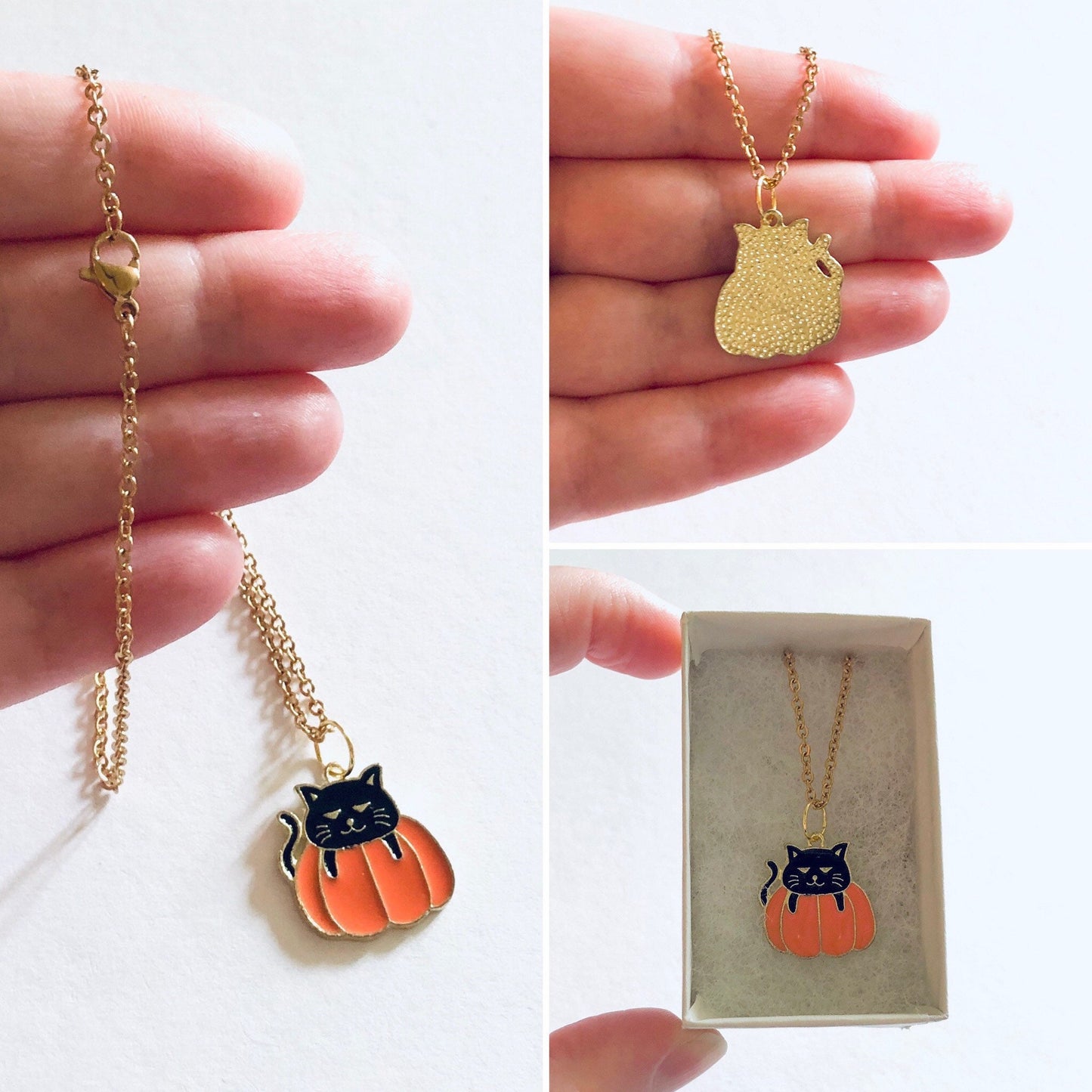 Black Cat on Pumpkin Gold Necklace, Cat Necklace, Pumpkin Necklace, Gold Halloween Necklace, Witchy Woman