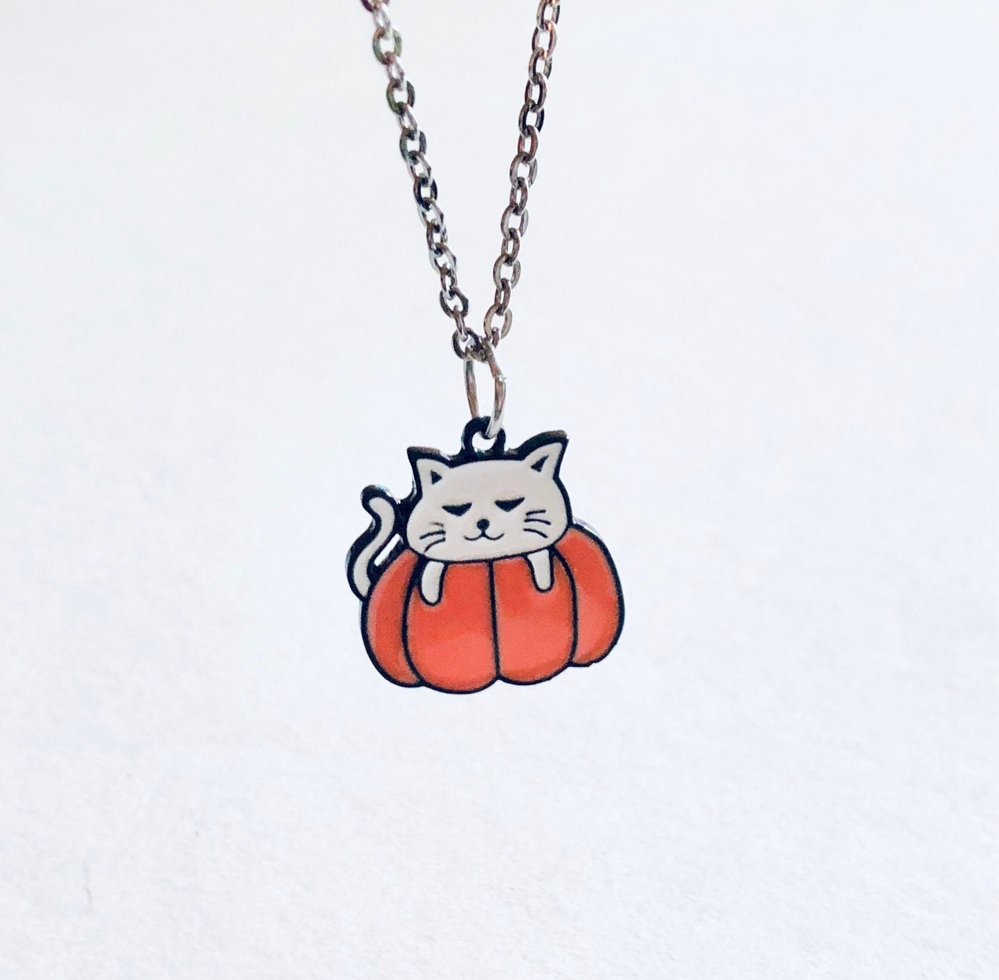 White Cat Necklace on Orange Pumpkin, Halloween Necklace, Stainless Steel Chain Enamel Charm, Cute Spooky Witch