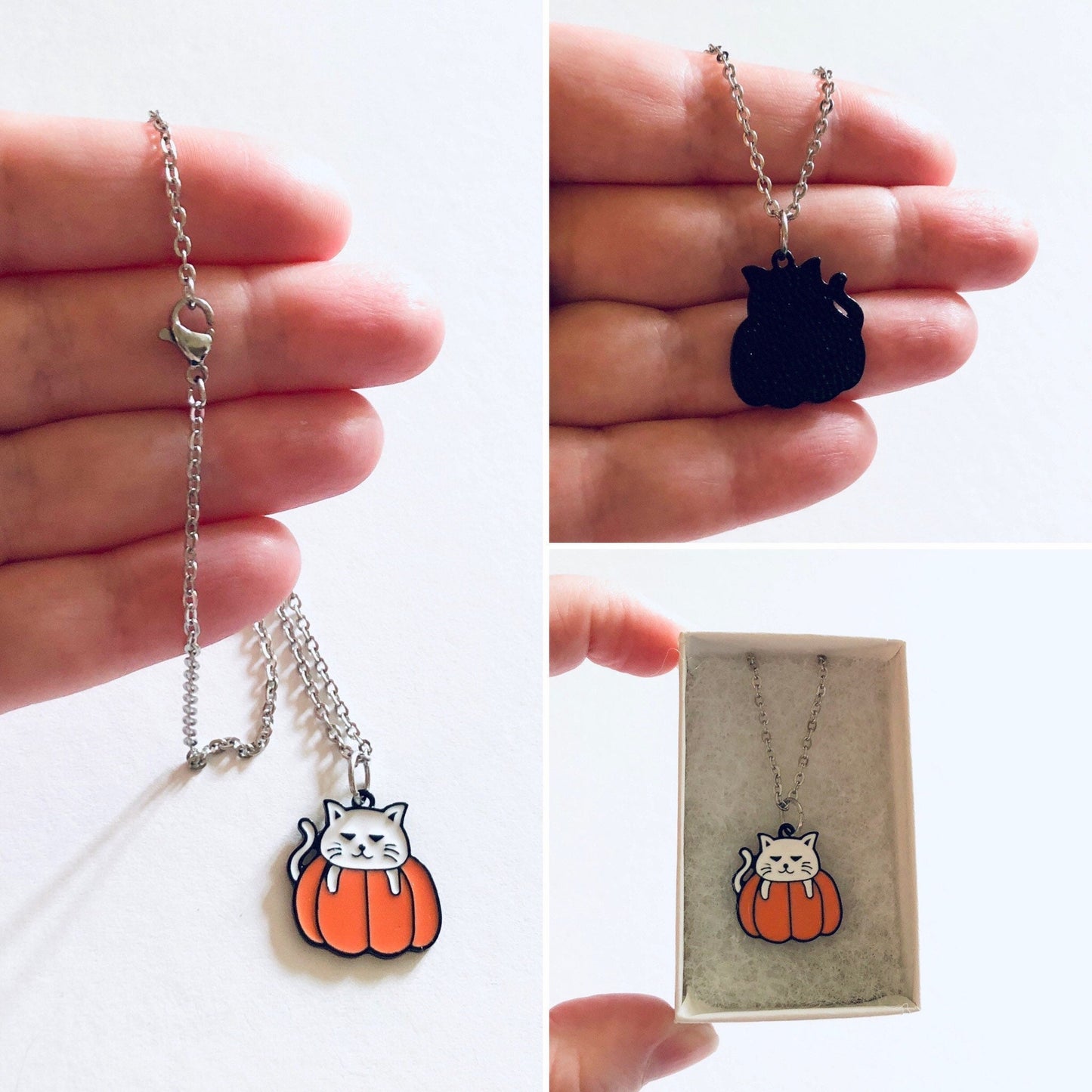 White Cat Necklace on Orange Pumpkin, Halloween Necklace, Stainless Steel Chain Enamel Charm, Cute Spooky Witch