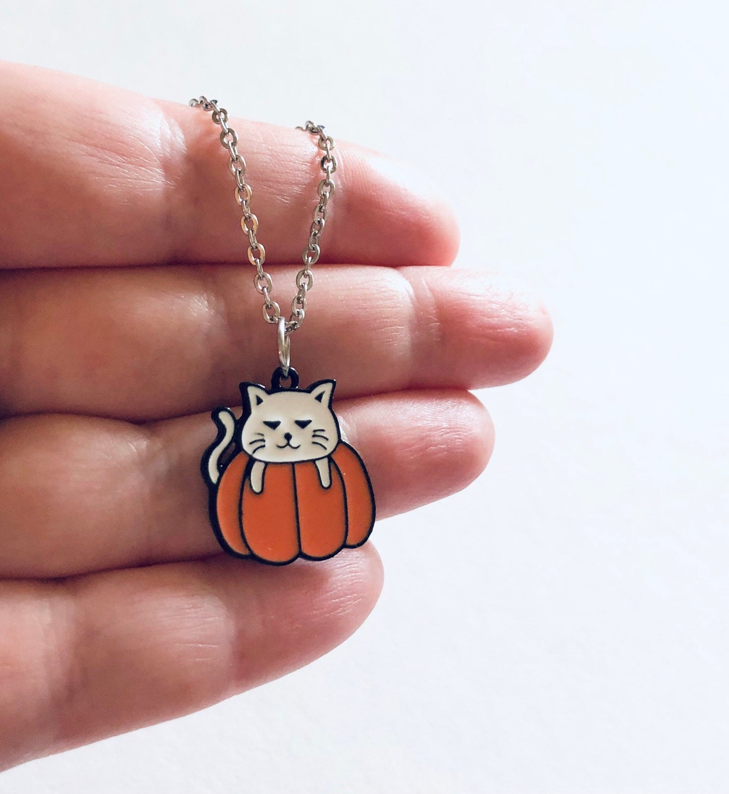 White Cat Necklace on Orange Pumpkin, Halloween Necklace, Stainless Steel Chain Enamel Charm, Cute Spooky Witch