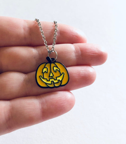 Spooky Pumpkin Necklace, Halloween Necklace Orange Pumpkin with Horror Face, Spooky Season Witchy Goth