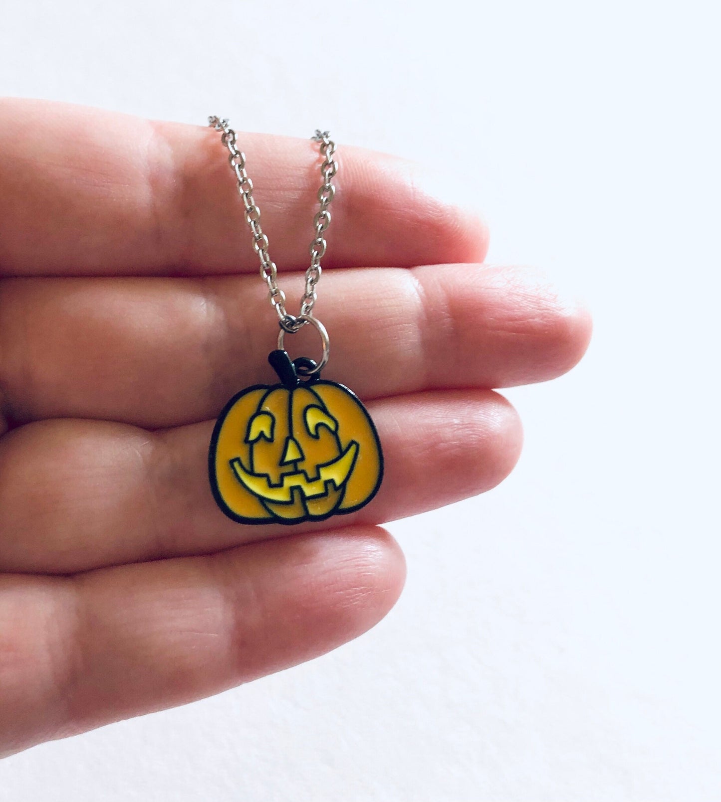 Spooky Pumpkin Necklace, Halloween Necklace Orange Pumpkin with Horror Face, Spooky Season Witchy Goth