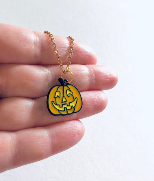 Pumpkin Necklace, Orange & Gold Pumpkin Necklace Horror Spooky Face Halloween Necklace, Gothic Girl Goth Witch Spooky Season Fall