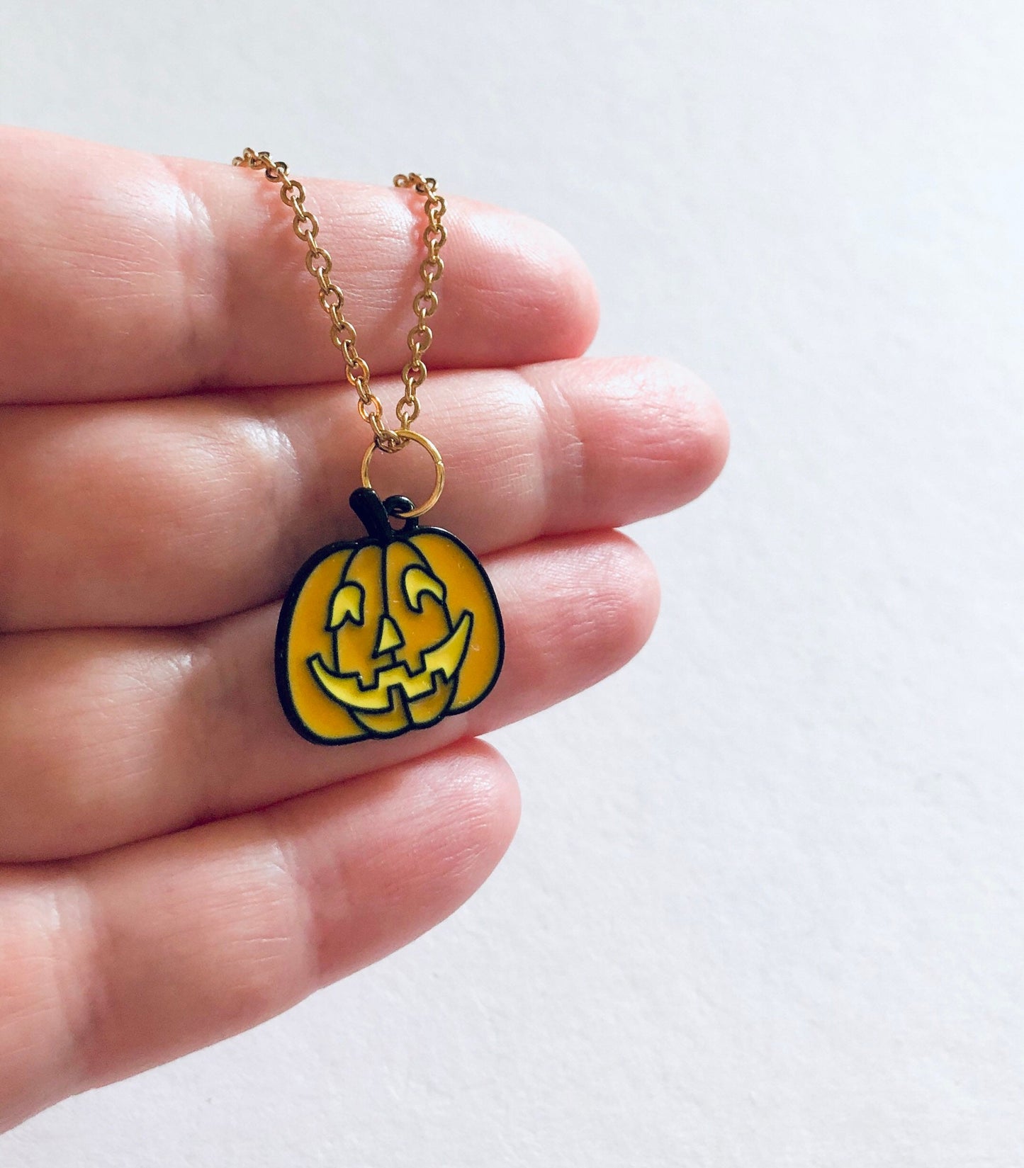 Pumpkin Necklace, Orange & Gold Pumpkin Necklace Horror Spooky Face Halloween Necklace, Gothic Girl Goth Witch Spooky Season Fall