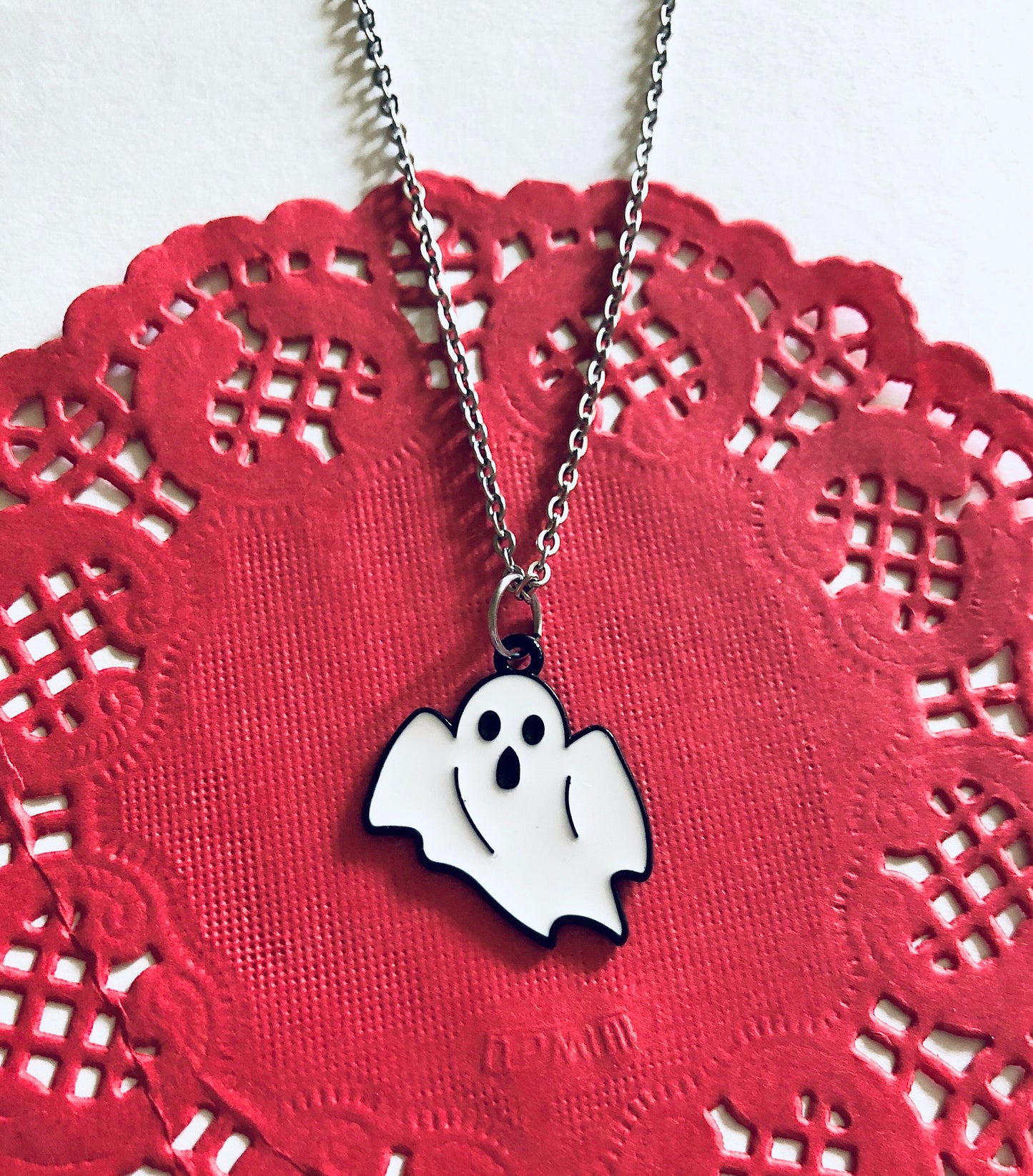 Ghost Necklace, Halloween Necklace, White Ghost Charm on Dainty Silver Stainless Steel Chain