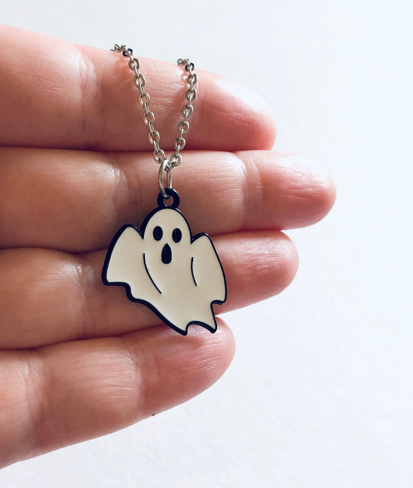 Ghost Necklace, Halloween Necklace, White Ghost Charm on Dainty Silver Stainless Steel Chain