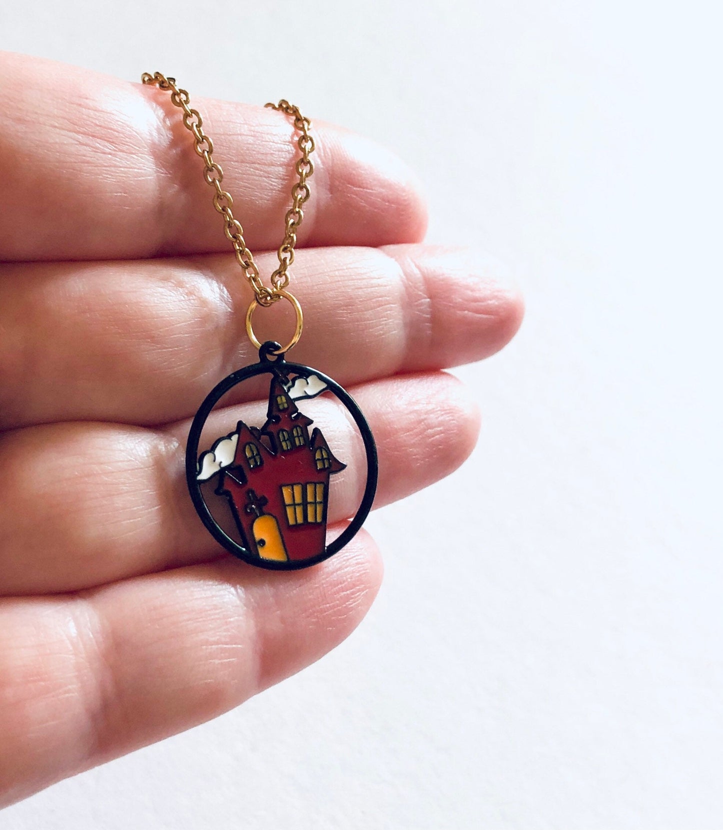 Haunted House Necklace, Spooky Season Halloween Necklace Jewelry, Gold Plated Chain Enamel Charm, Ghost Necklace