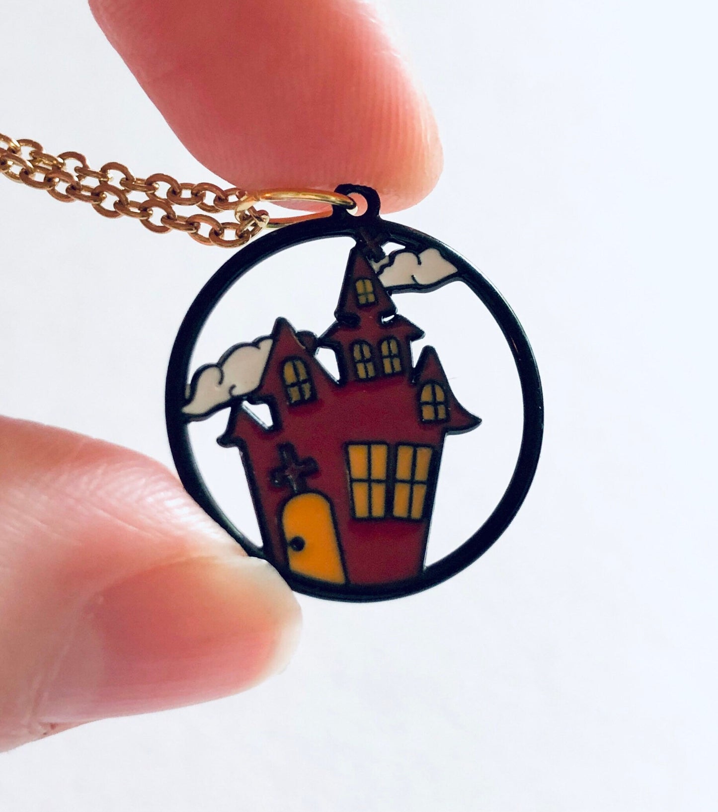 Haunted House Necklace, Spooky Season Halloween Necklace Jewelry, Gold Plated Chain Enamel Charm, Ghost Necklace