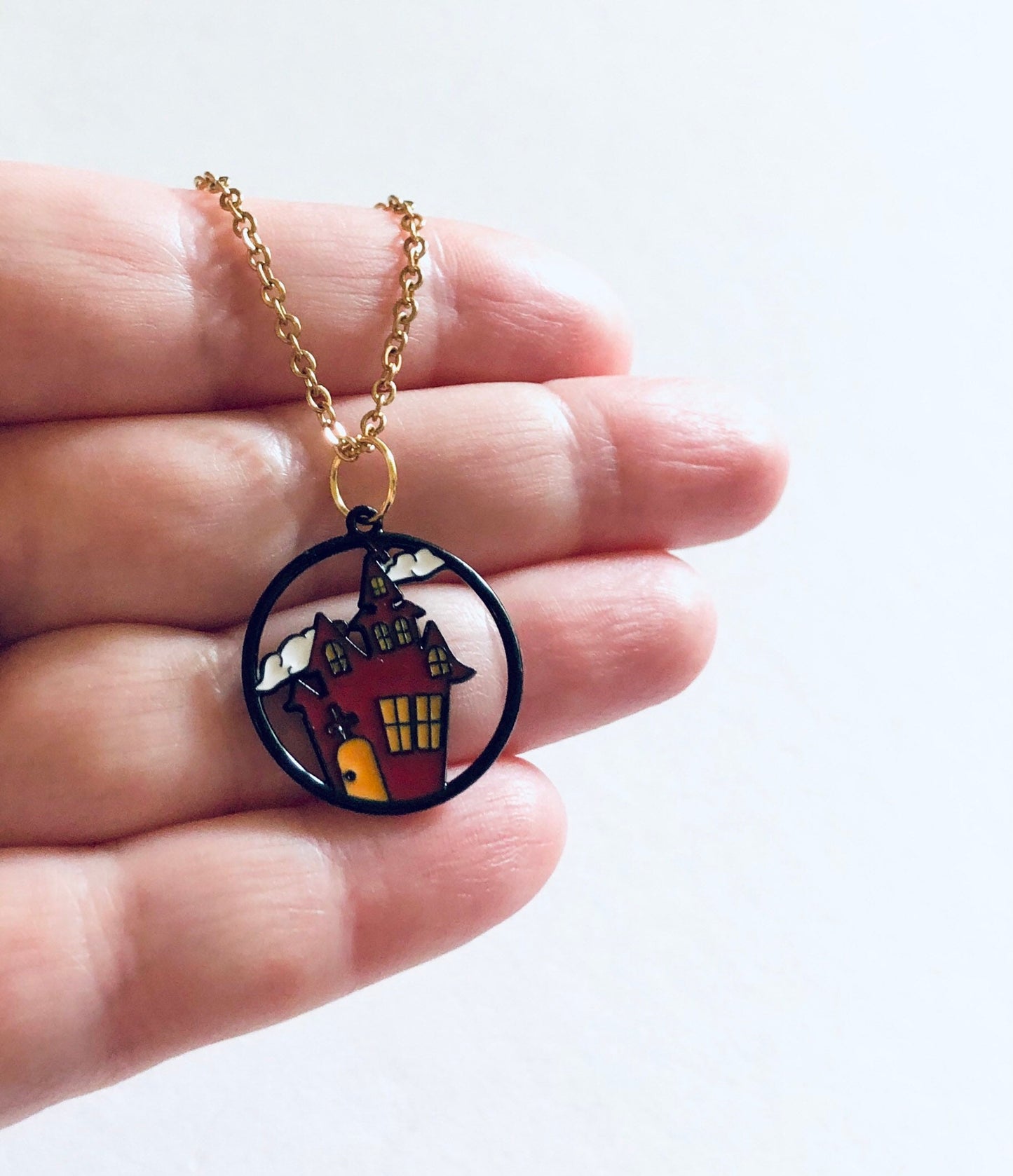 Haunted House Necklace, Spooky Season Halloween Necklace Jewelry, Gold Plated Chain Enamel Charm, Ghost Necklace