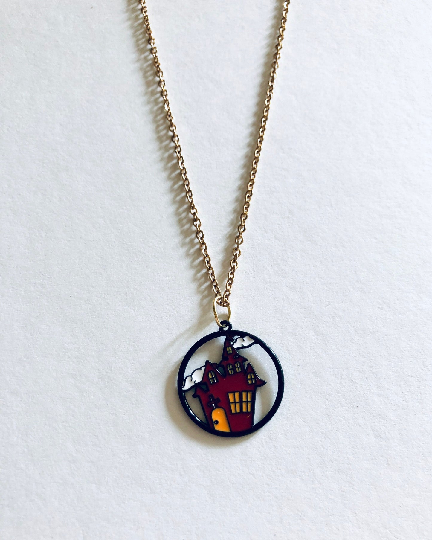 Haunted House Necklace, Spooky Season Halloween Necklace Jewelry, Gold Plated Chain Enamel Charm, Ghost Necklace