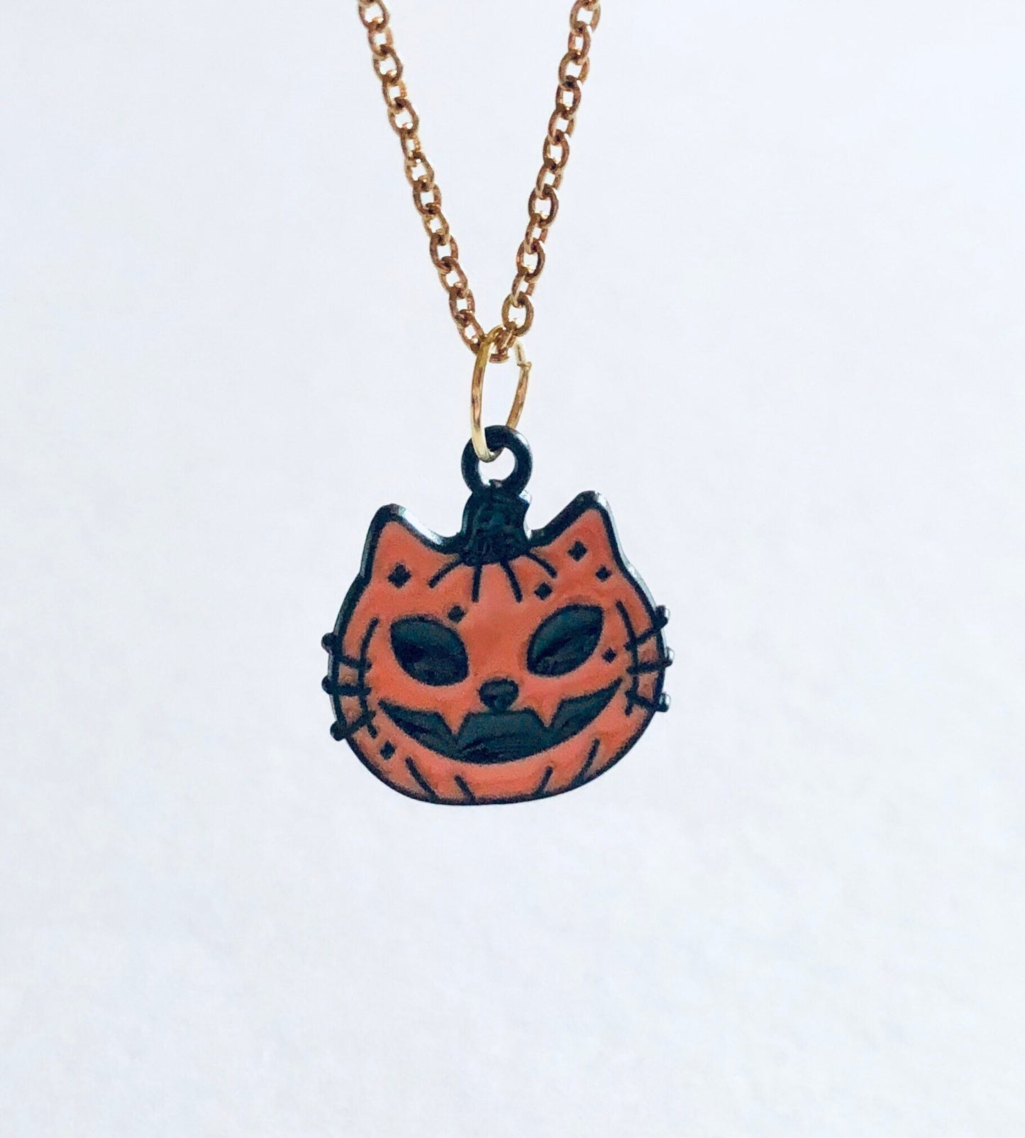 Halloween Pumpkin Cat Necklace, Orange  Retro Spooky Season Cat Face Jewelry, Witchy Woman, Halloween Necklace, Cat Necklace.