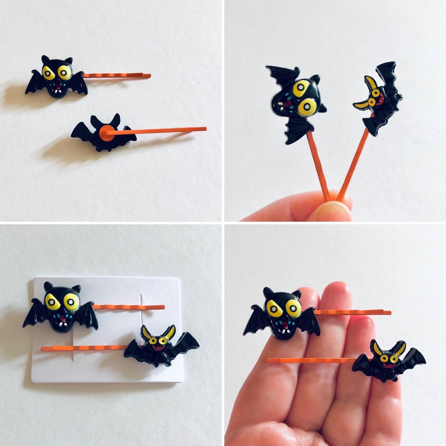 Bats Hair Clips on Orange Bobby Pins, Black vampire Bat Dracula Halloween Hair Clips, Spooky Season Cute Goth Gothic