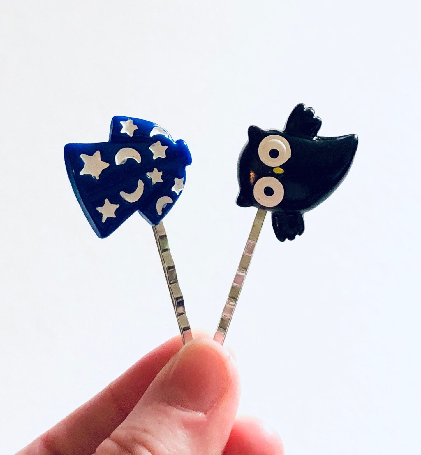 Wizard & Owl Bobby Pins Hair Clips SET OF 2, Halloween Hair Clips, Witch Hair Accessories Witchy Woman Wicca Spells