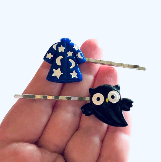 Wizard & Owl Bobby Pins Hair Clips SET OF 2, Halloween Hair Clips, Witch Hair Accessories Witchy Woman Wicca Spells